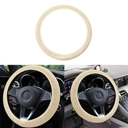 Elastic Stretch Car Steering Wheel Cover, Comfortable Steering Wheel Cover Universal for 14.5-15 Inch, Warm in Winter & Cool in Summer, Anti-Slip Breathable Ice Silk (Beige) - color: Beige