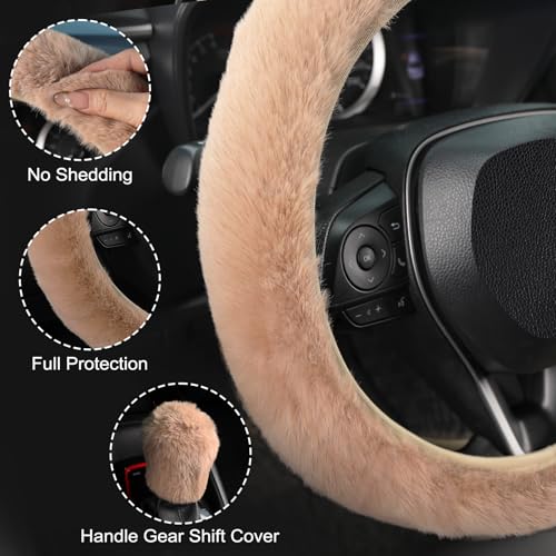 SEG Direct Furry Car Steering Wheel Cover with Gear Shift Cover, Soft and Warm, Cute Fluffy Auto Decor for Women Men, Standard Size, 2 PCS Set, Khaki - color: Khaki