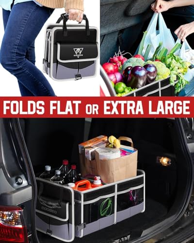 Car Trunk Organizer with Portable Leak Proof Cooler Bag, 3 Compartments Collapsible Car Organizers and Storage with Foldable Cover, Fathers Day Dad Gifts, Suitable for SUV, Auto, Truck, Minivan