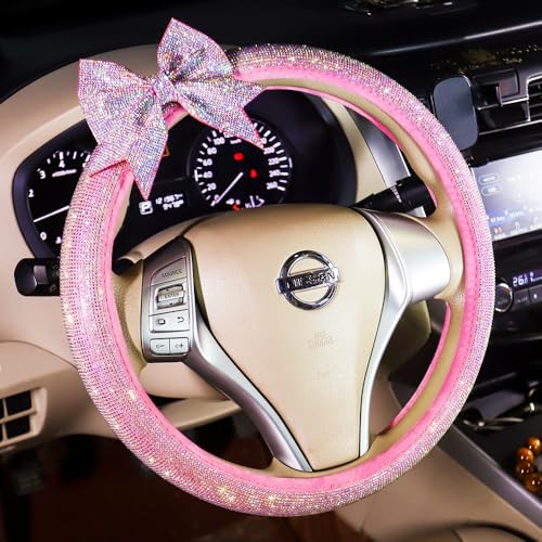 Car Steering Wheel Cover Pink Crystal Bowknot Bling Interior Accessories Colorful Rhinestones Diamonds Anti-Slip Wheel Protector 15 Inch Universal Comfortable for Girls Women Gift Auto - color: Pink-1