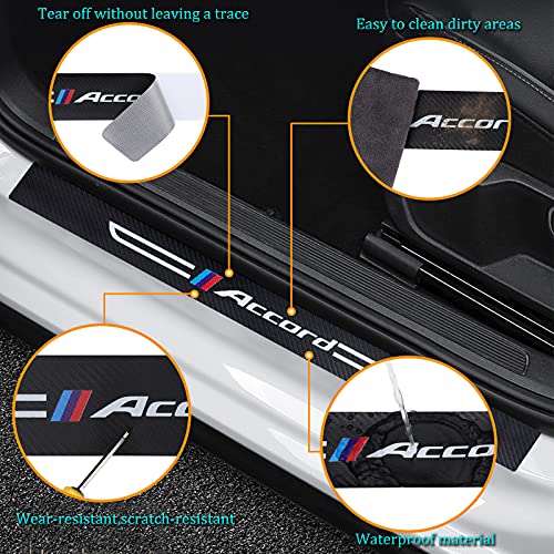 4PCS Carbon Fiber & Textured Leather Car Door Sill Protectors, Compatible with Accord, Black, Vehicle Specific Fit, Screw-In, Front & Rear Lower Door Threshold Guards