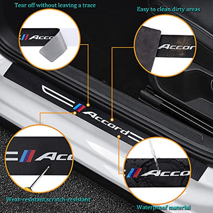 4PCS Carbon Fiber & Textured Leather Car Door Sill Protectors, Compatible with Accord, Black, Vehicle Specific Fit, Screw-In, Front & Rear Lower Door Threshold Guards