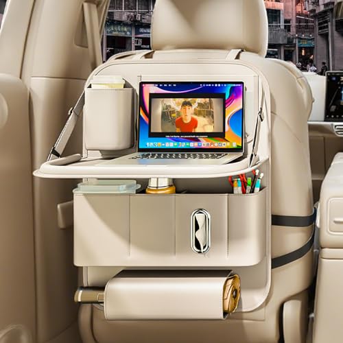 Backseat Car Organizer with Tray 1 Pack,Car Backseat Organizer with Foldable Table for Kids,Multifunctional Seat Back Organizer with Storage Pockets Car Storage Organizer (Beige) - color: Beige