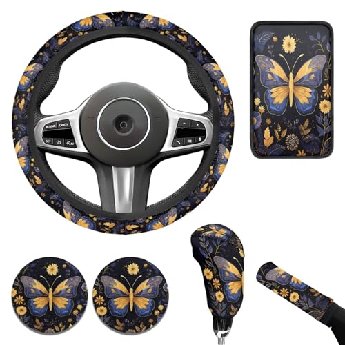 Butterfly Car Decor Set for Women Butterfly Car Steering Wheel Cover Sets Cars Interior Decor Cup Coaster Handbrake Cover Suit for Most Cars Truck Vans SUV - color: Butterfly