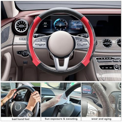 Black and Red Line Punching Car Steering Wheel Cover, Microfiber Leather Sports, 14.5-15 in Universal Leather Wheel Covers, Breathable Fashion Anti-Slip, Steering Wheels Accessories for Men Women - color: Line Punching-Black and Red