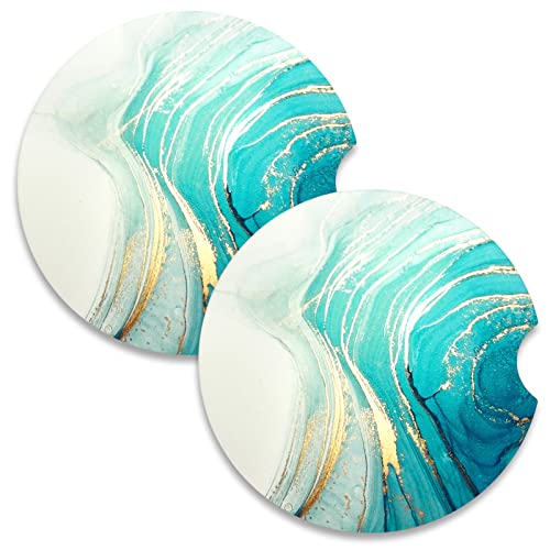 Car Coasters for Cup Holders, 2 Pack Absorbent Ceramic Car Cup Holder Coaster for Drinks, Cute Auto Assecories for Women Men, Size 2.56 in with Finger Notch & Cork Base, Gold Teal Ocean - color: Gold Teal Marble