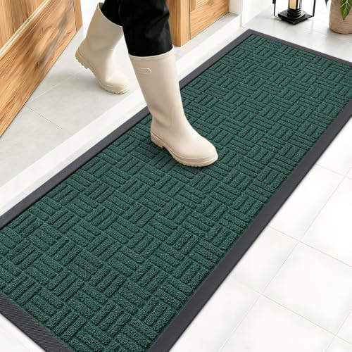 OLANLY Front Door Mat Outside Entrance 47x17, Absorbent, Heavy Duty Sturdy Natural Rubber Doormat Indoor Outdoor, Non-Slip, Stain and Fade Resistant, Low Profile Floor Mat for Entryway, Black Green - color: Black Green, size: 47" X 17"