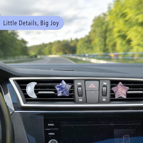 ORIESSE Moon Stars Car Decor,Boho Air Vent Clips,Refillable Car Fresheners,3pcs Natural Crystal Stone Hippie Dashboard Decorations Accessories,Best Wishes for Lover and Friend (Blue & Purple)