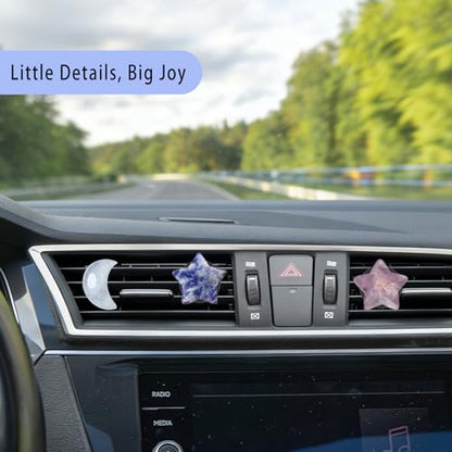 ORIESSE Moon Stars Car Decor,Boho Air Vent Clips,Refillable Car Fresheners,3pcs Natural Crystal Stone Hippie Dashboard Decorations Accessories,Best Wishes for Lover and Friend (Blue & Purple)