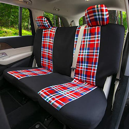 FH Group Full Set Plaid Print Cloth Car Seat Covers Combo Set with Carpet Floor Mats, Universal Fit, Washable Seat Cover for SUV, Sedan, Red - color: Red