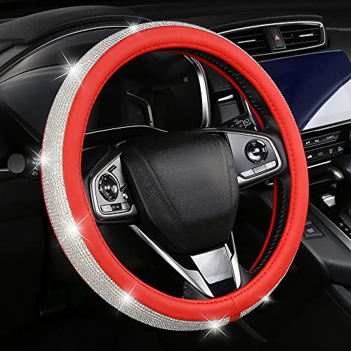 Bling Diamond Leather Steering Wheel Cover for Women Girls with Crystal Rhinestones, Universal Fit 14.5-15 Inch Car Steering Wheel Cover Accessories - color: Red