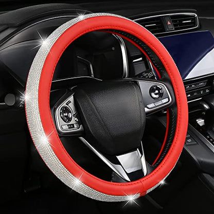 Bling Diamond Leather Steering Wheel Cover for Women Girls with Crystal Rhinestones, Universal Fit 14.5-15 Inch Car Steering Wheel Cover Accessories - color: Red