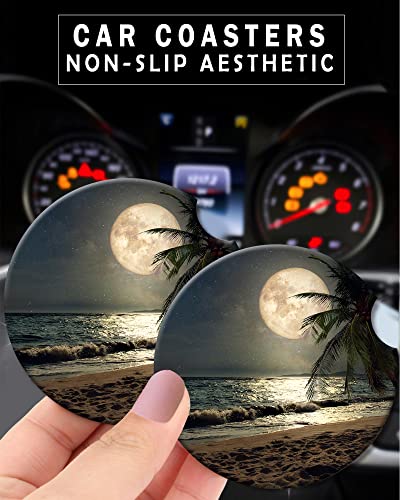 2 Pack Universal Ceramic Car Coasters Tropical Beach Palm Tree with Full Moon Starry Night,Ceramic Stone with A Finger Notch for Easy Removal of Car Cup Holder Coaster - color: Tropical Beach Palm Tree With Full Moon Starry Night