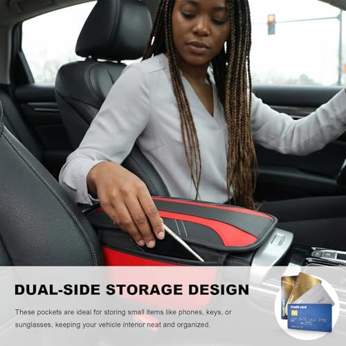 Car Center Console Cover, Leather Auto Arm Rest Protector Cushion with 2 Side Storage Bags, Universal Armrest Cushion Pad Middle Console Cover for SUVs Sedans Trucks (Red) - color: Red