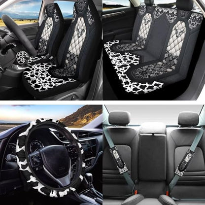 Highland Cow Printed 16 Pcs Car Interior Accessories, Car Seat Covers Sets with Steering Wheel Cover Armrest Pads Seatbelt Cover Headrest Protector Handbrake and Gear Shift Covers Set Coaster - color: Gray and White - Highland Cow
