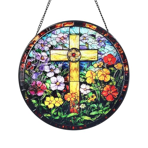 Cross & Wildflowers Stained Glass Window Hanging Suncatcher with Chain - 7.9" Outdoor/Indoor Art Decor for Home Garden, Thanksgiving, Wedding,Mother's, Valentine's & Christmas Ornaments Present - color: Cross and Wildflowers