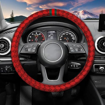 5PCS Steering Wheel Cover, with 2 Headrests, 2 Seat Belt Covers - Universal Fit for 14.5-15" Steering Wheel, Enhances Driving Experience - Perfect for Women (Red) - color: Red