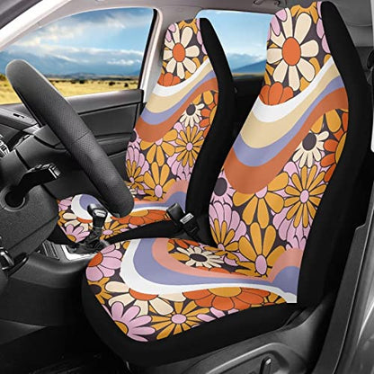 INSTANTARTS 2pcs/Set Car Seat Covers Swirl Wavy Hippie Flower Vehicle Bucket Seat Cover Colorful Breathable Stretchy Driver Seat Covers for Women - color: Abstract Hippie Flower