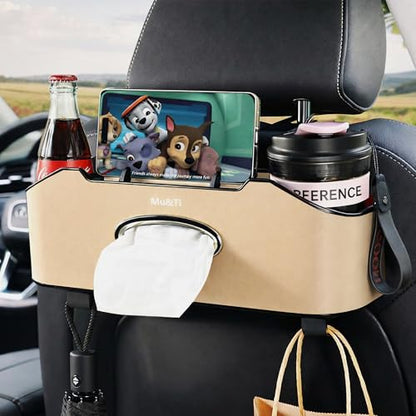 Mu&Ti Back Seat Car Organizer,4+2 in 1 Multifunctional Car Back Seat Storage Box with 2 Cup Holders, Tissue Box and Hook - Ideal for Kids and Travel(Beige) - style: Car Storage Box（beige）