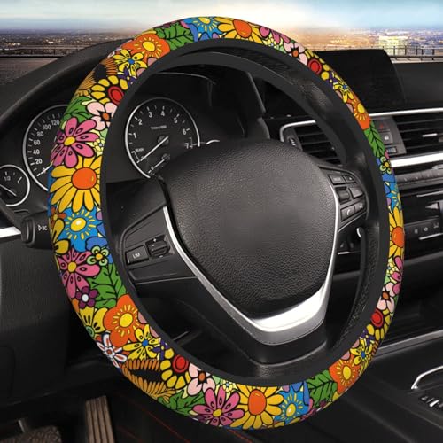 Hippie Flower Neoprene Steering Wheel Cover for Men Women Anti-Slip Elastic Steering Wheel Protective Cover 15in Universal Car Accessories Fit Cars, SUVs, Auto - color: Hippie Flower