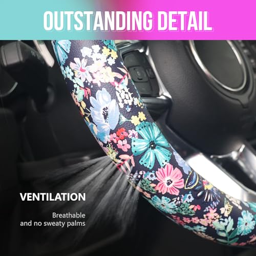 Leather Steering Wheel Cover Cute, 14.5-15inch, Auto Floral Steering Wheel Protector, Anti-Slip, Breathable, Absorbing Sweat, Car Accessories for Women, Dark Blue