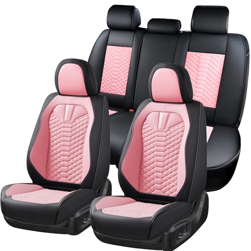 Coverado Seat Covers Full Set, Waterproof Nappa Leather Seat Covers for Cars, 5 Seats Universal Car Seat Protectors, Black and Pink Leather Car Seat Covers Car Seat Cushions Fit for Most Cars - color: Patchwork-Black&Pink, size: Full Set