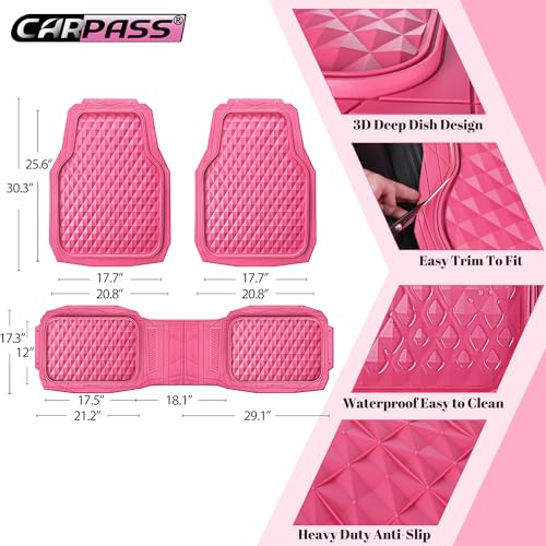 CAR PASS Heavy Duty Rubber Pink Car Floor Mats, Deep Dish All-Weather Full Set Durable Anti-Slip 3D Rhombus Waterproof Trim to Fit Liner Universal Fit Automotive,Sedan,SUV,Truck, 3 Pcs Hot Pink - color: hot pink