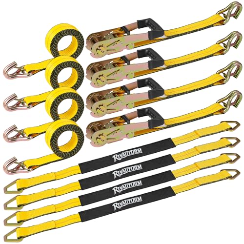 4 Pack Car Tie Down Straps for Trailers - 2" x 10' Ratchet Straps with J-Hooks and 2" x 38'' Axle Straps 10,000lbs Break Strength Heavy Duty Car Hauler Tire Straps for Car, Trailer, UTV Transport - color: Yellow