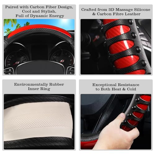 Car Leather Steering Wheel Cover - Carbon Fibre Material, Universal 14.5-15 Inch Leather Anti-Slip Breathable Auto Steering Wheel Covers for Men Women (3D Massage - Sports Red) - color: 3D Massage - Sports Red