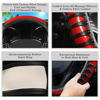 Car Leather Steering Wheel Cover - Carbon Fibre Material, Universal 14.5-15 Inch Leather Anti-Slip Breathable Auto Steering Wheel Covers for Men Women (3D Massage - Sports Red) - color: 3D Massage - Sports Red