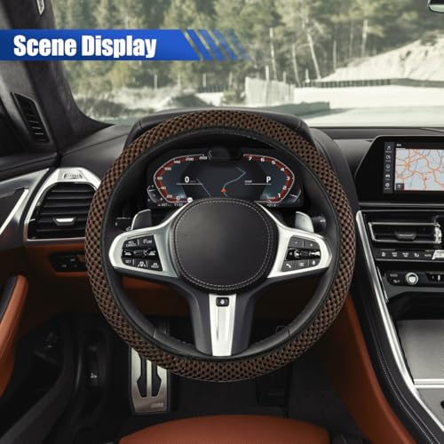 Elastic Stretch Steering Wheel Cover, 15" Breathable Microfiber Ice Silk Steering Wheel Protector, Universal Anti-Slip Car Warm in Winter&Cool in Summer Accessories for Men Women (Coffee) - color: Coffee