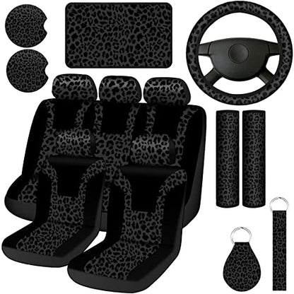 Frienda 17 Pcs Leopard Print Car Accessories Set, Includes Seat Covers Set Leopard Steering Wheel Cover Mats Armrest Pad Cover Seat Belt Pads Keychain and Wrist Strap for Car Decor - style: Leopard Print