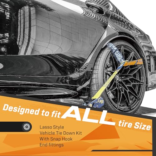 Adjustable Vehicle Tire Tie Down Straps Kit– 4pk Heavy Duty Tire Straps with Snap Hooks 10,000 lbs. Working Load 3333 lbs. Lasso 4 x Tow Strap Kit for Car, Truck, ATV Towing Accessories