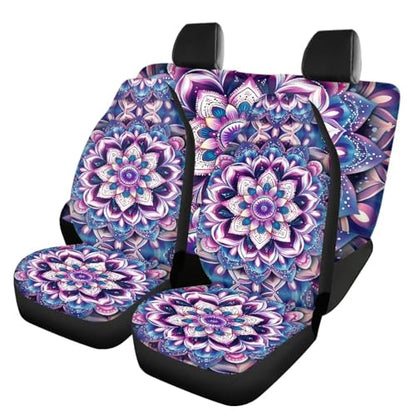 Mandala Car Seat Covers Full Set of 4 Pcs,Hippie Lotus Car Accessories Set Boho Hippie Floral Print Vehicle Bucket Sea Pad Breathable Split Bench Seat Pads for Women Girly - color: Mandala