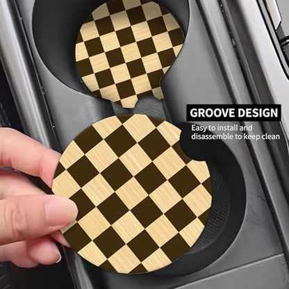 2 Pack Universal Ceramic Car Coasters，Ceramic Stone with A Finger Notch for Easy Removal of Car Cup Holder Coaster(Coffee Checkered) - color: Coffee Checkered