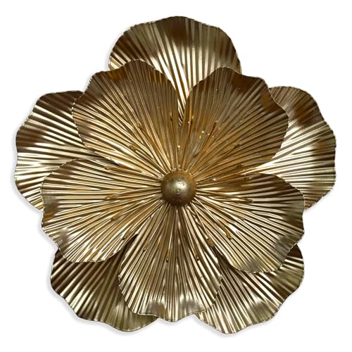 Metal Flower Wall Art Decor, 9" Rustic Modern Floral Sculpture, Distressed Iron Wall Hanging Home Decoration Accent Artworks for Indoor Kitchen Bedroom Living Office Outdoor Garden Patio (35A-Gold) - color: 35A-Gold