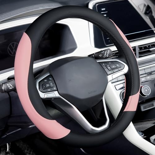 Coverado Car Steering Wheel Cover, Nappa Leather Black & Pink Steering Wheel Covers for Women, Universal 14-15 inch, Anti-Slip, Breathable Steering Wheel Protector - color: B-BlackPink