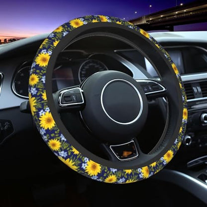 Sunflower Steering Wheel Cover with 2 Car Coasters Non Slip Neoprene for Women Men Universal 15 Inch