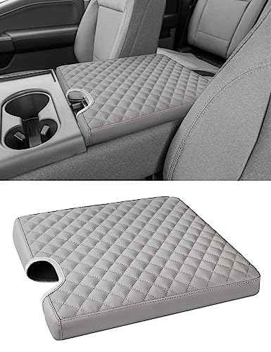 Sinvanho Center Console Armrest Cover for 2015-2025 Ford F150 F250 F350 F450 F550 with 40/20/40 Jump Seat, PU Leather Middle Console Cover Seat Box Lid Protective Cover Cushion Pad, Truck Accessories - color: Grey Edge