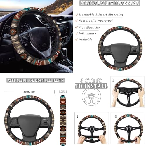 Dreaweet Geometric Aztec Car Seat Covers Full Set Southwestern Native American Seat Covers with Steering Wheel Cover,Center Console Cover,Seat Belt Pads,Coasters,Gear Shift & Handbrake Cover,12 Pcs - color: Geometric Aztec
