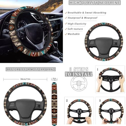 Dreaweet Geometric Aztec Car Seat Covers Full Set Southwestern Native American Seat Covers with Steering Wheel Cover,Center Console Cover,Seat Belt Pads,Coasters,Gear Shift & Handbrake Cover,12 Pcs - color: Geometric Aztec