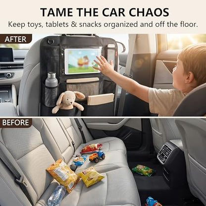 Backseat Car Organizer, backseat car organizer with 9 Pockets & Tablet Holder, Kick Mats for Car Seat Storage and Organization, 2 Pack, Black—Perfect for Travel.