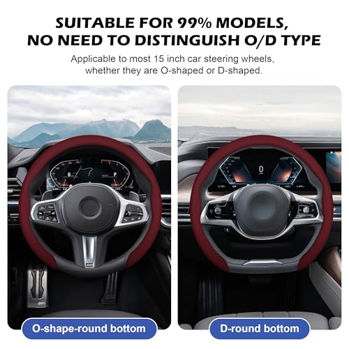 Nappa Leather Steering Wheel Cover,Universal Fit 15 Inch-Premium Non-Slip Breathable Comfort Grip for Cars Trucks SUVs,Anti-Slip Durable Interior Upgrade Wine Red - color: Wine Red