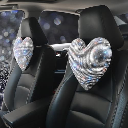 Bling Bling Car Seat Pillows – Sparkly Rhinestone Headrest Neck Support Pillow for Women, Girls, and Ladies – Shiny Diamond Interior Accessories for Travel and Comfort White 2 Pieces - color: White 2pcs