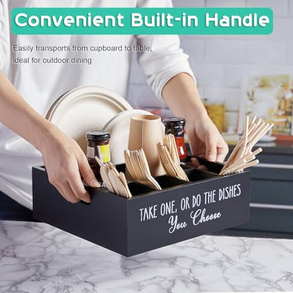 ALELION Paper Plate Dispenser for Countertop - Wooden Utensil Holder Organizer for Party - Silverware Caddy for Plate, Cup, Fork, Spoon - Cutlery Holder with Handles for Kitchen Camping Buffet - style: Black
