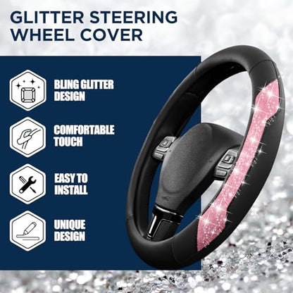 PIC AUTO Steering Wheel Cover, Hot Pink Sparkly Crystal Bling Glitter with Leather, Universal Fit 14.5"-15.5" Car Steering Wheels for Girls & Women, Anti-Slip Wheels Cover for Cars, Trucks, Van, SUVs - color: Hot Pink Glitter