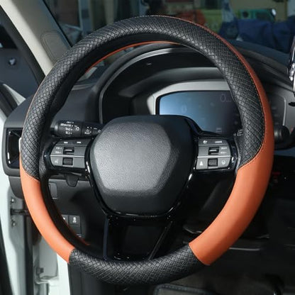 LABBYWAY Car Steering Wheel Cover, Leather, Universal 15 Inch Fit, Anti-Slip & Odor-Free,Brown - color: black&brown