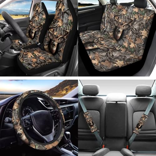 16 Pcs Car Seat Cover Full Sets, Deer Camouflage Hunting Printed Soft Car Front Rear Seat Covers with Steering Wheel Cover Center Console Covers Seatbelt Pads Head Rest Protector Coaster - color: Brown - Deer Camouflage Hunting