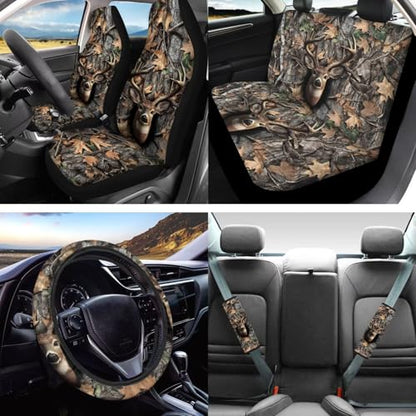 16 Pcs Car Seat Cover Full Sets, Deer Camouflage Hunting Printed Soft Car Front Rear Seat Covers with Steering Wheel Cover Center Console Covers Seatbelt Pads Head Rest Protector Coaster - color: Brown - Deer Camouflage Hunting