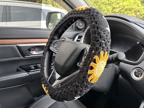 Handmade Crochet Sun Moon Car Steering Wheel Covers Universal 14-15 inch,Cute Steering Wheel Cover,Car Accessories (Black Steering Wheel Cover) - color: Black Steering Wheel Cover